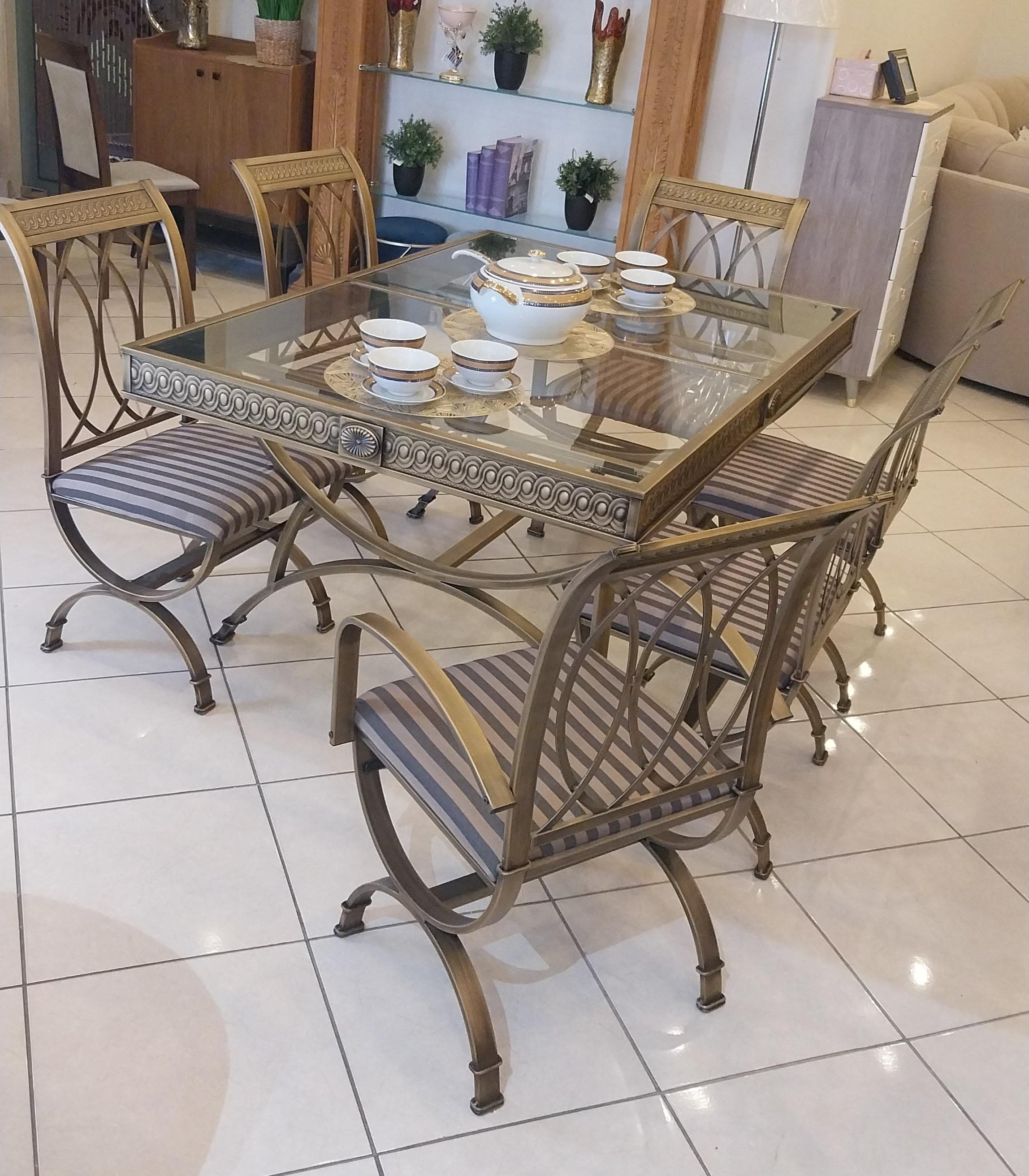 طاولة طعام 6 كراسي حديد برونزي سطح قزاز م/ 490